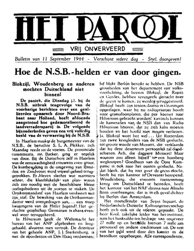  Het Parool van 11 september 1944 (Dolle Dinsdag). <p> Bron: <a href="http://www.hetillegaleparool.nl">http://www.hetillegaleparool.nl</a></p>